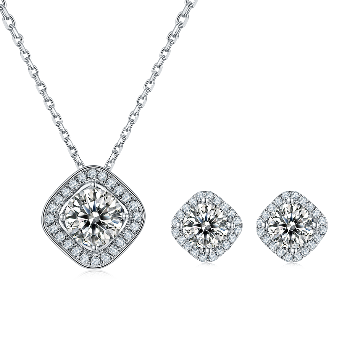 Deluxe square bag S925 silver plated platinum Moissanite diamond pendant earring set